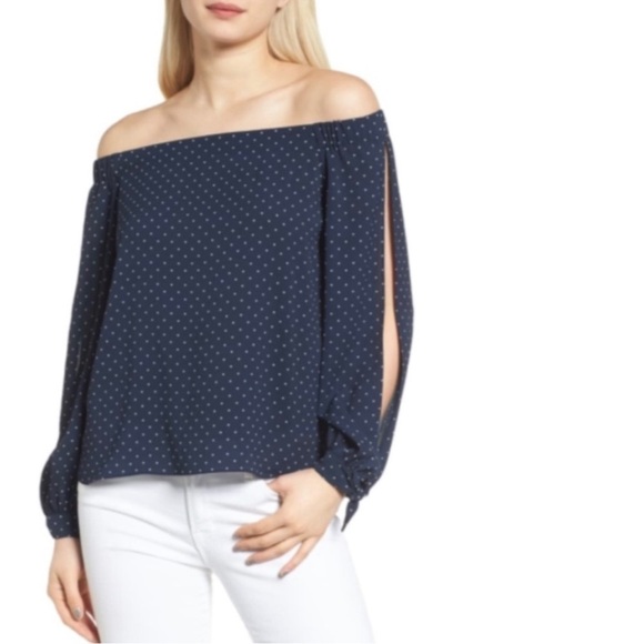 Bailey 44 Womens Navy Off The Shoulder Boxy Long Tie Sleeve Blouse XS - Picture 1 of 9